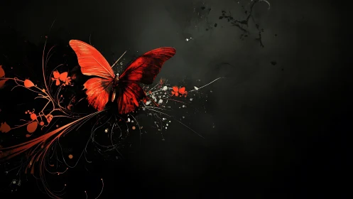 Red butterfly emerges from abstract floral splashes on black