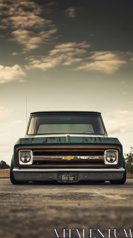 Lowered vintage Chevrolet pickup truck sits on open road