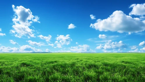 Open grass field under cumulus clouds and clear blue sky.