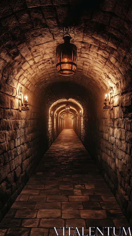 Torchlit medieval stone tunnel with vaulted brick ceiling perspective