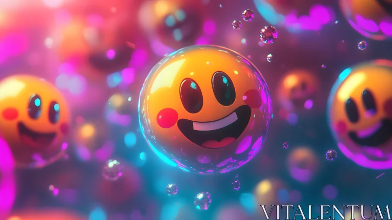 Vibrant 3D Smiley Faces Floating in Colorful Abstract Background.