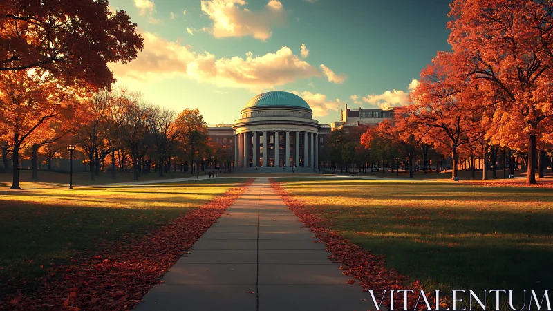 Symmetrical neoclassical dome framed by autumn foliage at sunset