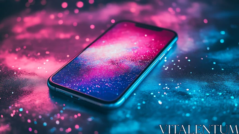 Phone of stardust dreams resting in neon night light.