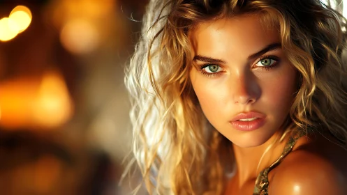 Woman with wavy blond hair lit by warm, shallow-focus light