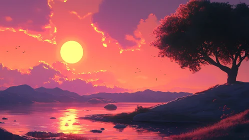 Glowing sunset sky welcomes a quiet lakeside tree to rest