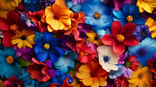 Dense three-dimensional floral composition featuring saturated polychromatic petals