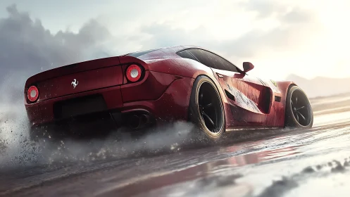 Hydrodynamic drift of red supercar under cinematic rim light