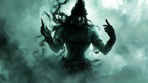 Mythic warrior rises amid swirling emerald mist.