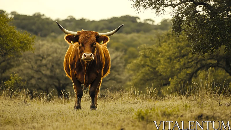 Longhorn cow standing in sunlit rural grassland meadow.