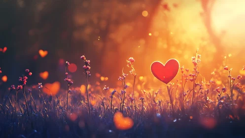 Red Heart Blossoms in Golden Sunset Field.