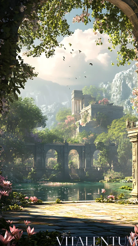 Sunlit ruined temple overlooks serene lotus lake