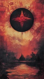 Red celestial symbol above distant riverside city.