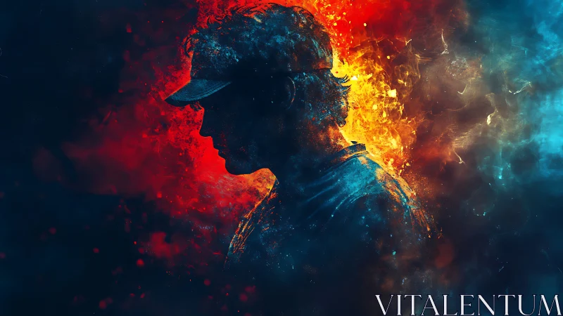 Silhouetted figure in cap divides red and blue color fields