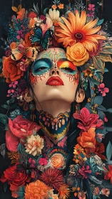 Floral-crowned spirit ascends in carnival-colored reverie.