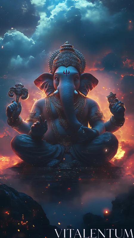 Divine elephant-headed deity in luminous volcanic cloudscape
