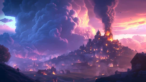 Illuminated castle amid turbulent sky at sunset.