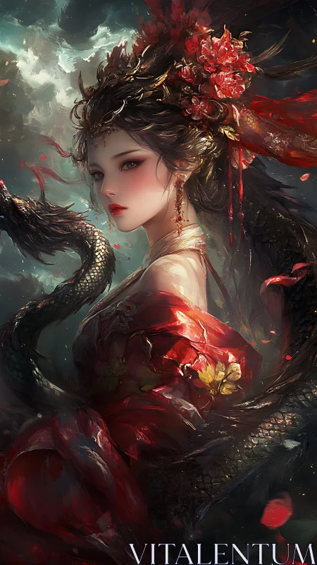 Mythic red-clad sorceress entwined with serpentine dragon