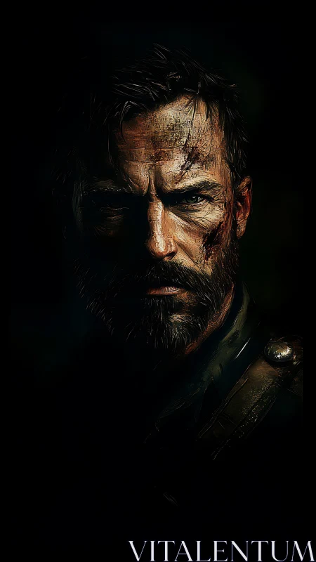 Battle-scarred soldier portrait in dramatic low key lighting.