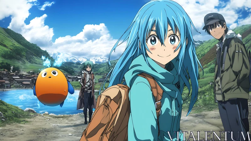 Blue haired anime girl hiking with friends by clear lake.