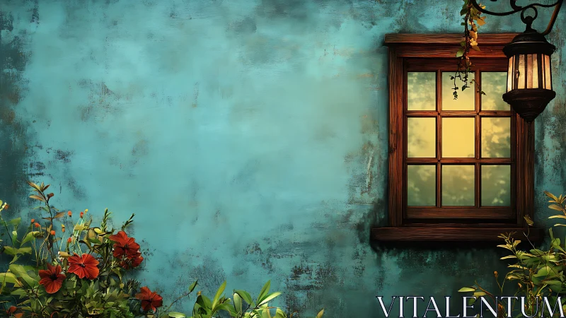 Cozy wooden window glowing softly against teal garden wall.