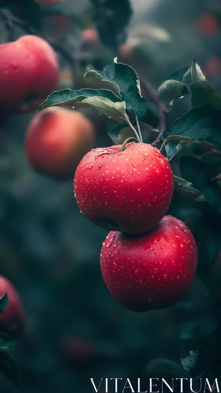 Ripe red apples hang on branch under soft moody light