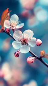 Delicate Cherry Blossom Branch with White Petals and Pink Buds.