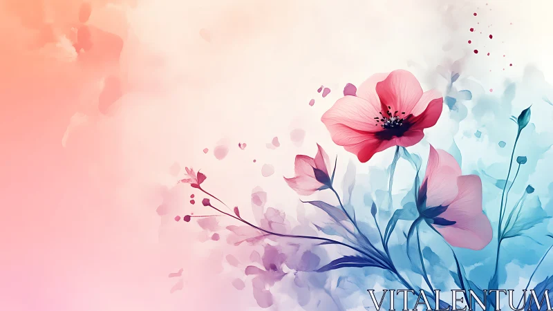 Abstract Watercolor Blooms Transition Pink to Blue Palette