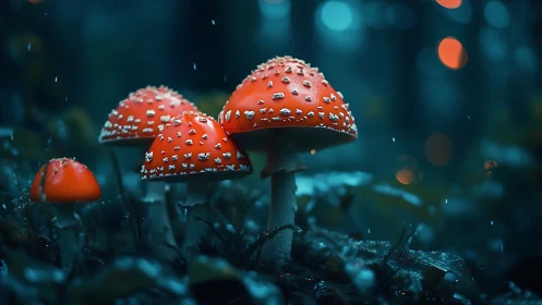 Moonlit raindrops crown crimson forest mushrooms softly