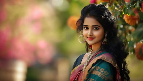 Portrait of Indian woman in sari with shallow depth-of-field bokeh.