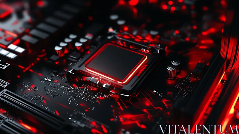 Glowing CPU core on futuristic red illuminated motherboard.