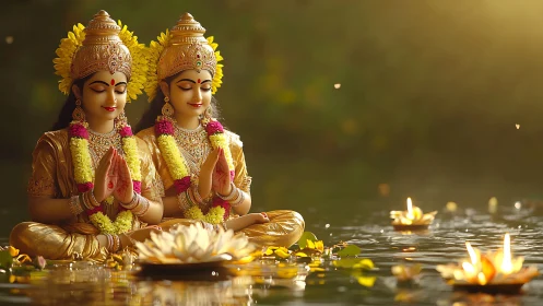 Divine twin deities in golden lake prayer at sunset.