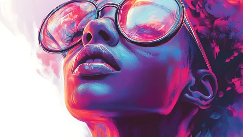 Neon daydreams through oversized sunglasses in close view.