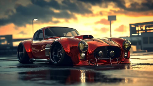 Low-slung red concept coupe under stormy sunset sky.