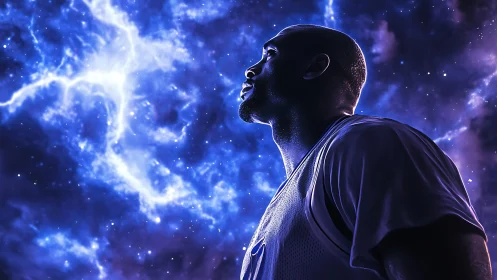 Side-lit basketball player silhouette against ionized nebula sky