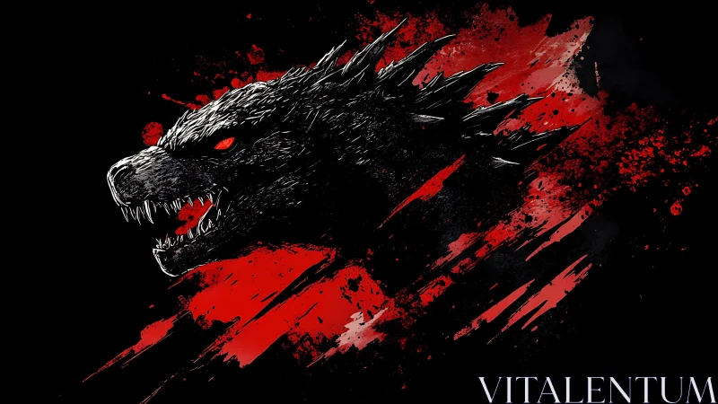 Roaring kaiju silhouette erupts from blood-red splatter chaos