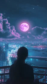 Solitary figure observing neon city under magenta moon.