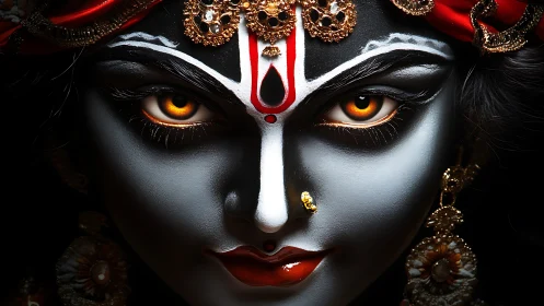 Divine ember eyes burn through midnight metal skin and gold