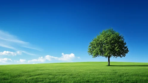 Lone green tree on grassy hill under clear blue sky, digital art.