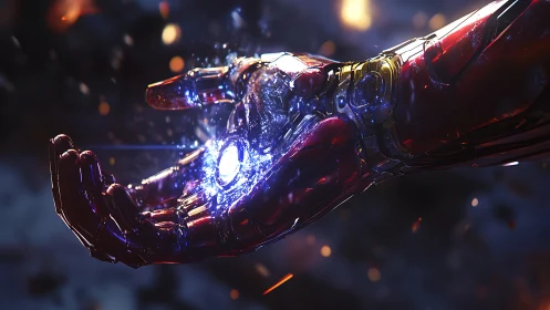 Shimmering armored hand cradles a crackling cosmic light