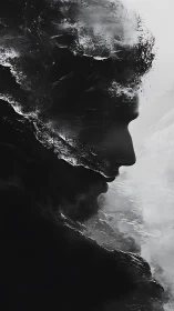 Monochrome male profile fused with turbulent ocean textures
