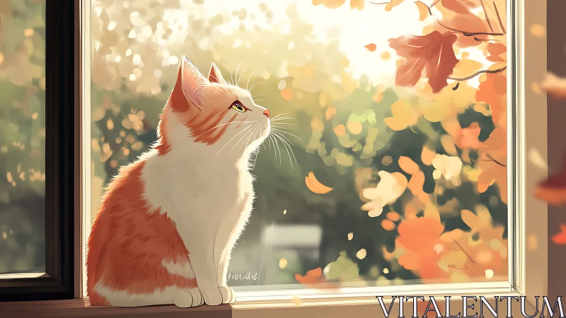 Red and White Cat Gazes Through Window Into Autumn Light
