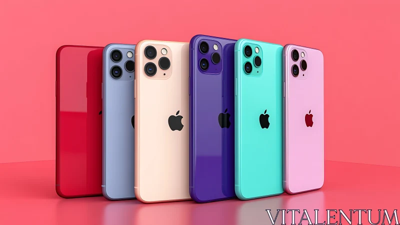 Row of multicolored smartphones on uniform pink background.