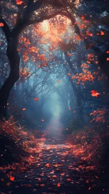 Enchanted autumn path glowing with soft forest twilight.