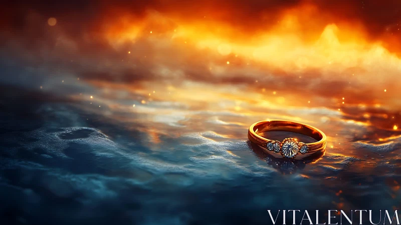 Golden ring resting between firelit sky and cool water.