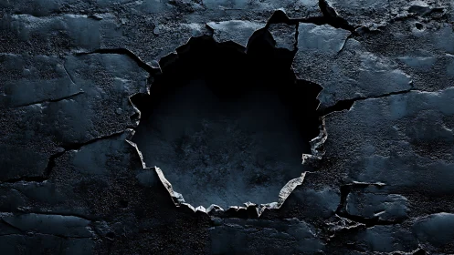 Rugged asphalt breach with jagged circular impact cavity.