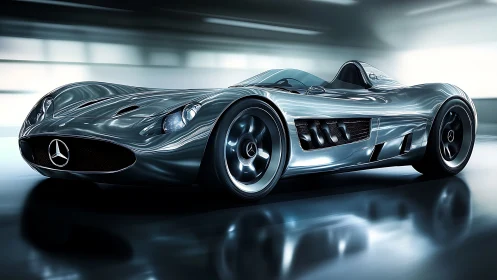 Streamlined silver concept race car glides through neon tunnel