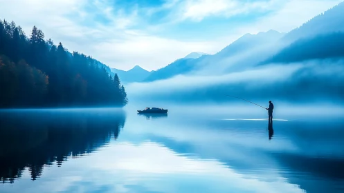 Fisher standing on misty lake with boat amid forest hills.