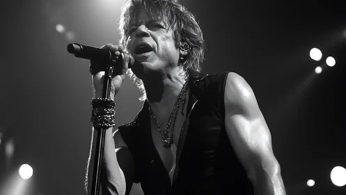 Monochrome stage vocalist under directional concert lighting.