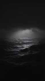 Stormlit ocean swells rise toward a distant break in darkness