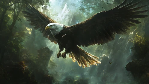 Majestic Bald Eagle Soaring Over Verdant Forest in Dramatic Digital Art.